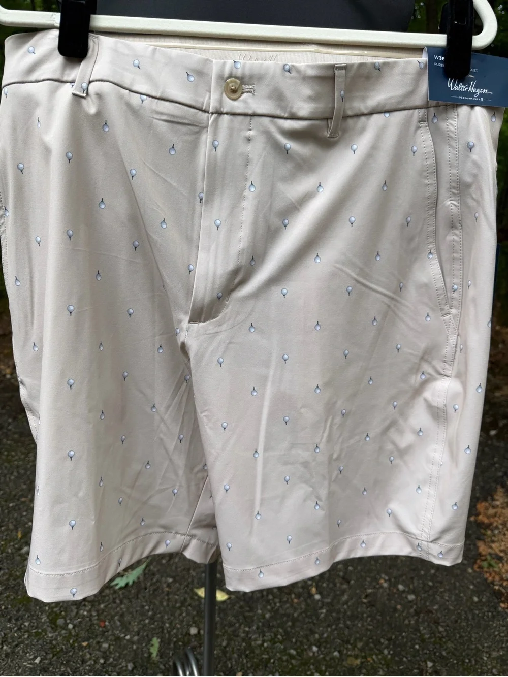 Walter Hagen Cream Golf Shorts with Small Blue Golf Ball Print